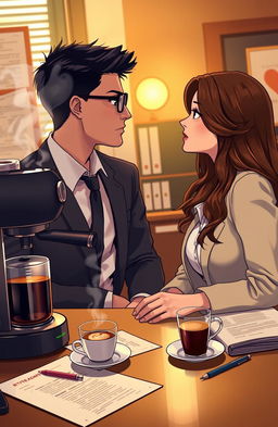 A cozy office setting featuring a romantic slowburn narrative, where two colleagues share subtle glances and moments over coffee
