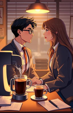 A cozy office setting featuring a romantic slowburn narrative, where two colleagues share subtle glances and moments over coffee
