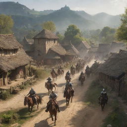 The tranquil village now under an unexpected siege. Mounted warriors charge upon the village, their armor gleaming in the morning sun, creating a jarring contrast with the peaceful scene from moments before.