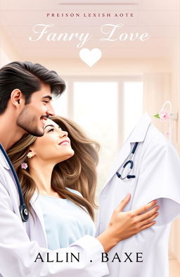 A captivating book cover for a romance novel featuring a handsome male doctor with dark hair and a charming smile, wearing a white coat, standing in a hospital setting