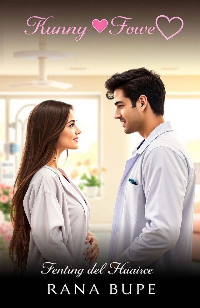 A captivating book cover for a romance novel featuring a handsome male doctor with dark hair and a charming smile, wearing a white coat, standing in a hospital setting