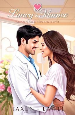 A captivating book cover for a romance novel featuring a handsome male doctor with dark hair and a charming smile, wearing a white coat, standing in a hospital setting