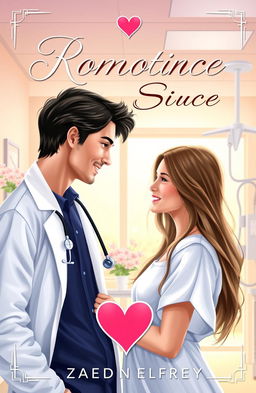 A captivating book cover for a romance novel featuring a handsome male doctor with dark hair and a charming smile, wearing a white coat, standing in a hospital setting