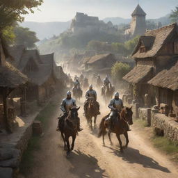 The tranquil village now under an unexpected siege. Mounted warriors charge upon the village, their armor gleaming in the morning sun, creating a jarring contrast with the peaceful scene from moments before.