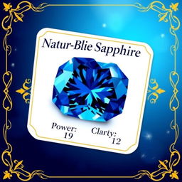A beautifully designed trading card showcasing a natural blue sapphire, with a dazzling deep blue color and brilliant facets