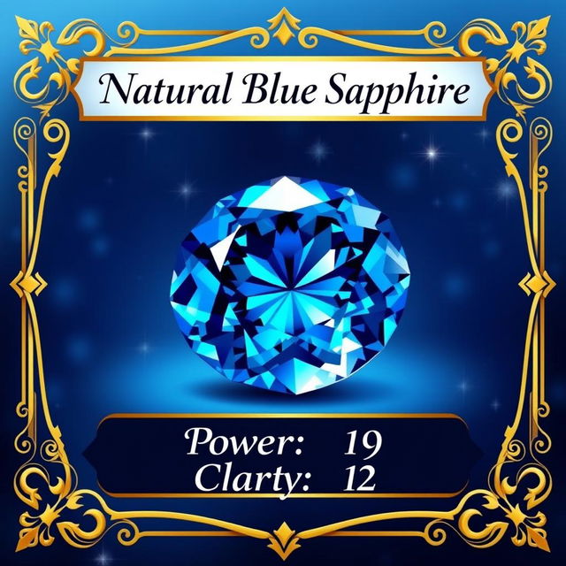A beautifully designed trading card showcasing a natural blue sapphire, with a dazzling deep blue color and brilliant facets