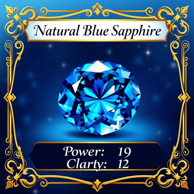 A beautifully designed trading card showcasing a natural blue sapphire, with a dazzling deep blue color and brilliant facets