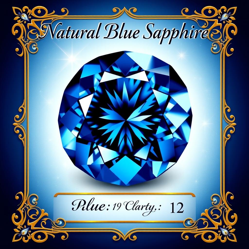 A beautifully designed trading card showcasing a natural blue sapphire, with a dazzling deep blue color and brilliant facets