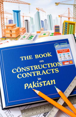 An open book titled 'The Book on Construction Contracts in Pakistan' featuring detailed illustrations of construction sites, legal documents, and skyscrapers