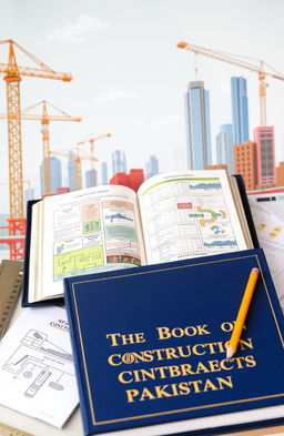 An open book titled 'The Book on Construction Contracts in Pakistan' featuring detailed illustrations of construction sites, legal documents, and skyscrapers