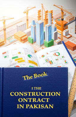An open book titled 'The Book on Construction Contracts in Pakistan' featuring detailed illustrations of construction sites, legal documents, and skyscrapers