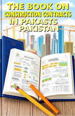 An open book titled 'The Book on Construction Contracts in Pakistan' featuring detailed illustrations of construction sites, legal documents, and skyscrapers