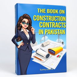 An intriguing book cover for 'The Book on Construction Contracts in Pakistan' featuring a professional, empowered illustration of a woman resembling a glamorous business executive, inspired by the look of Sunny Leone