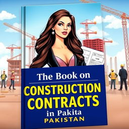 An intriguing book cover for 'The Book on Construction Contracts in Pakistan' featuring a professional, empowered illustration of a woman resembling a glamorous business executive, inspired by the look of Sunny Leone