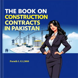 An intriguing book cover for 'The Book on Construction Contracts in Pakistan' featuring a professional, empowered illustration of a woman resembling a glamorous business executive, inspired by the look of Sunny Leone
