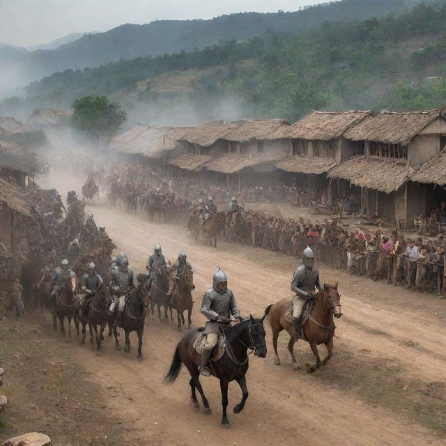 Even under the sudden siege, the villagers watch in awe as the mounted warriors gallop through. Fear tinged with respect, they marvel at the splendid sight of the armored horsemen against the humble backdrop of their rustic houses.