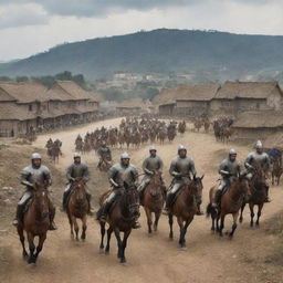 Even under the sudden siege, the villagers watch in awe as the mounted warriors gallop through. Fear tinged with respect, they marvel at the splendid sight of the armored horsemen against the humble backdrop of their rustic houses.