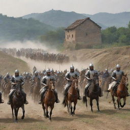 Even under the sudden siege, the villagers watch in awe as the mounted warriors gallop through. Fear tinged with respect, they marvel at the splendid sight of the armored horsemen against the humble backdrop of their rustic houses.