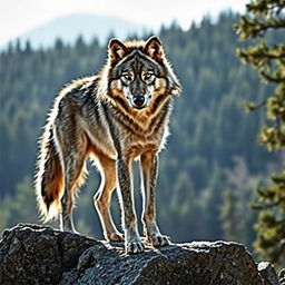 A raw photograph capturing a majestic wolf in its natural habitat, showcasing the wolf's fierce yet noble demeanor