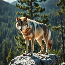 A raw photograph capturing a majestic wolf in its natural habitat, showcasing the wolf's fierce yet noble demeanor