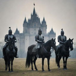 The armored horsemen stand before the majestic castle, presenting a sealed scroll - the message to the King. Their silhouettes form a macabre contrast to the opulence of the castle in the background.