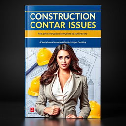 A striking book cover for 'Construction Contract Issues' featuring a real-life image of a glamorous woman resembling Sunny Leone, positioned confidently against a backdrop of construction elements such as blueprints and hard hats