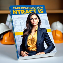 A striking book cover for 'Construction Contract Issues' featuring a real-life image of a glamorous woman resembling Sunny Leone, positioned confidently against a backdrop of construction elements such as blueprints and hard hats