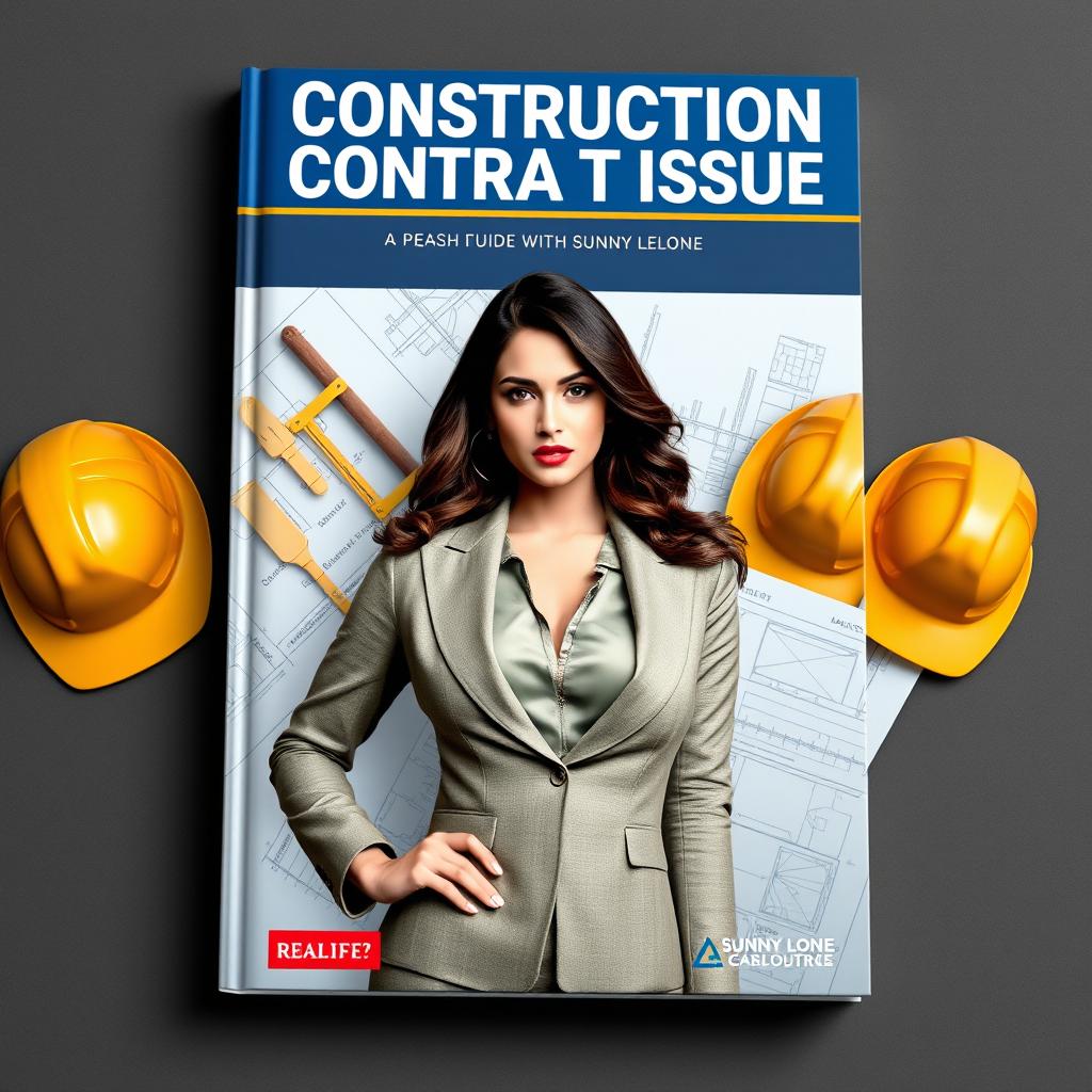 A striking book cover for 'Construction Contract Issues' featuring a real-life image of a glamorous woman resembling Sunny Leone, positioned confidently against a backdrop of construction elements such as blueprints and hard hats