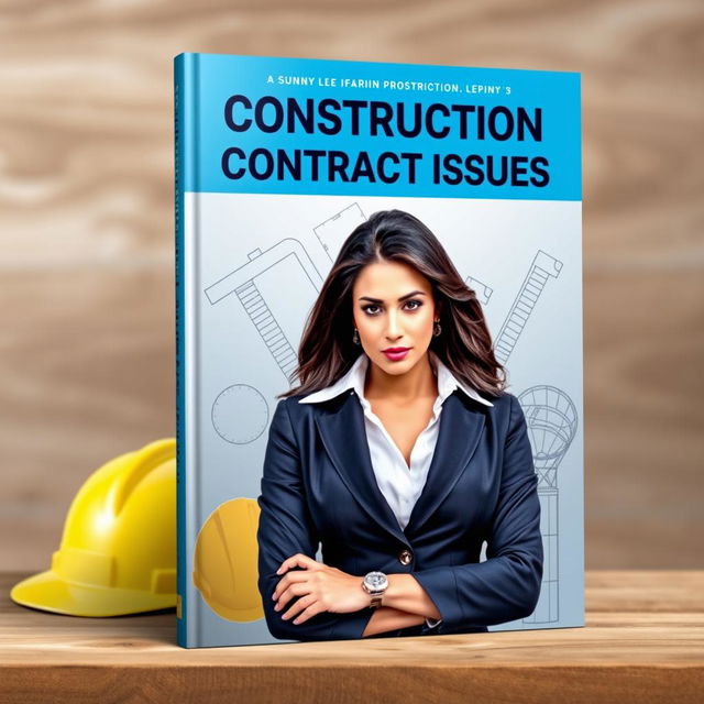 A striking book cover for 'Construction Contract Issues' featuring a real-life image of a glamorous woman resembling Sunny Leone, positioned confidently against a backdrop of construction elements such as blueprints and hard hats