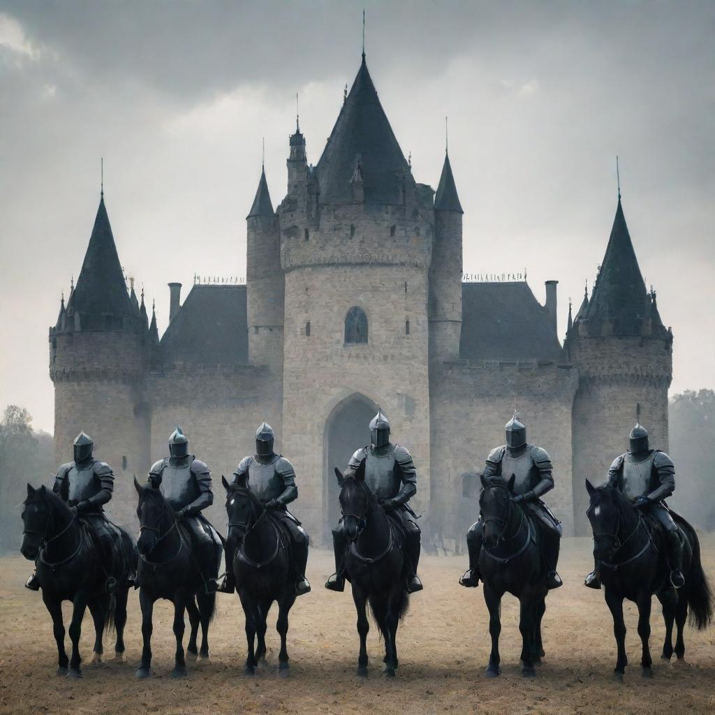 The armored horsemen stand before the majestic castle, presenting a sealed scroll - the message to the King. Their silhouettes form a macabre contrast to the opulence of the castle in the background.