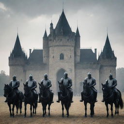 The armored horsemen stand before the majestic castle, presenting a sealed scroll - the message to the King. Their silhouettes form a macabre contrast to the opulence of the castle in the background.