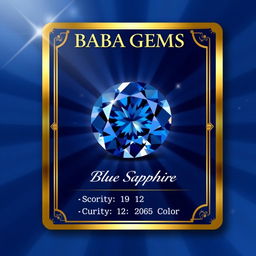 A striking trading card featuring a natural blue sapphire, emphasized by its rich deep blue hue and captivating sparkle