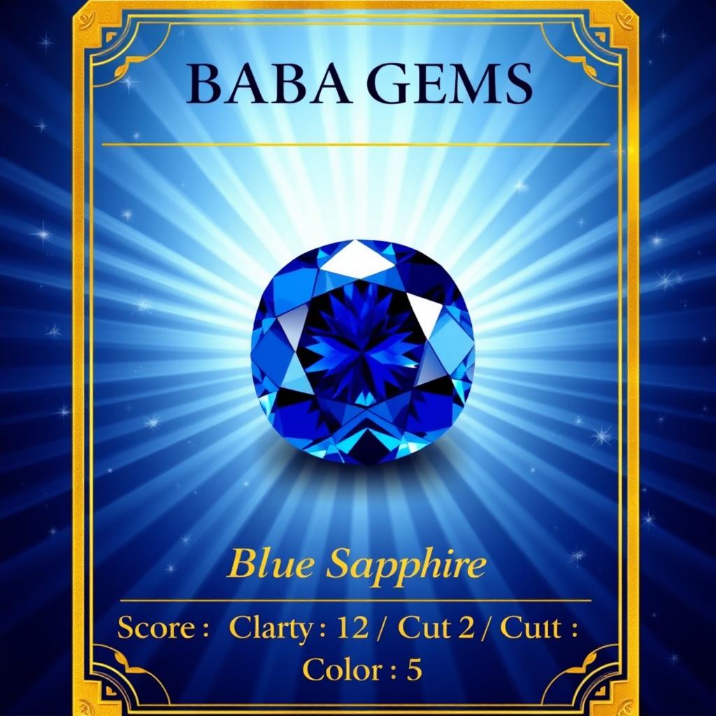 A striking trading card featuring a natural blue sapphire, emphasized by its rich deep blue hue and captivating sparkle