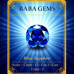 A striking trading card featuring a natural blue sapphire, emphasized by its rich deep blue hue and captivating sparkle