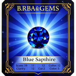 A striking trading card featuring a natural blue sapphire, emphasized by its rich deep blue hue and captivating sparkle
