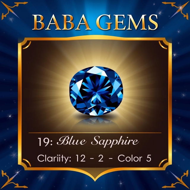 A striking trading card featuring a natural blue sapphire, emphasized by its rich deep blue hue and captivating sparkle