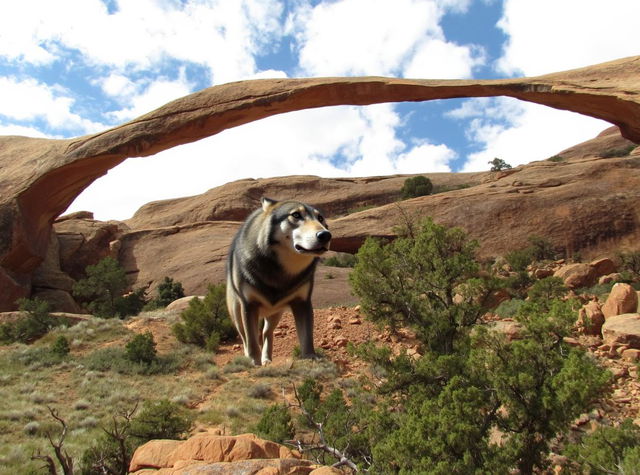 A majestic wolf standing proudly on a rocky landscape, its fur a mix of grey and white, reflecting the sunlight