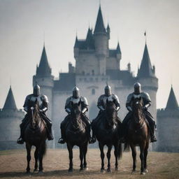 The armored horsemen stand before the majestic castle, presenting a sealed scroll - the message to the King. Their silhouettes form a macabre contrast to the opulence of the castle in the background.