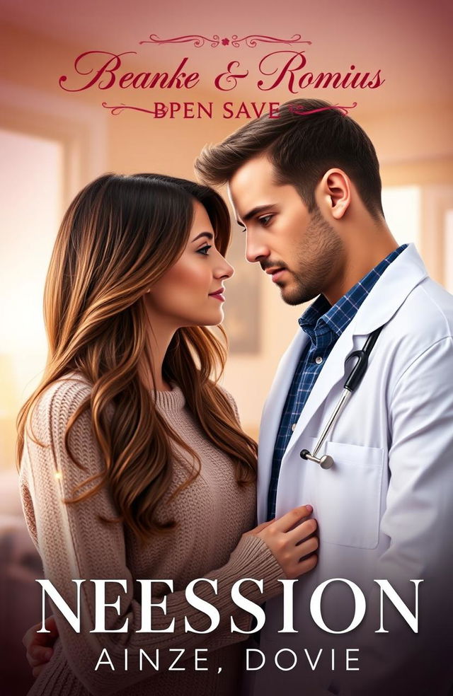 A romantic book cover featuring a handsome doctor in a white coat, stethoscope draped around his neck, gazing intently into the eyes of a beautiful woman who is his patient