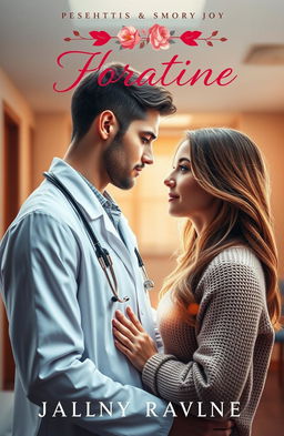 A romantic book cover featuring a handsome doctor in a white coat, stethoscope draped around his neck, gazing intently into the eyes of a beautiful woman who is his patient