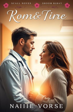 A romantic book cover featuring a handsome doctor in a white coat, stethoscope draped around his neck, gazing intently into the eyes of a beautiful woman who is his patient