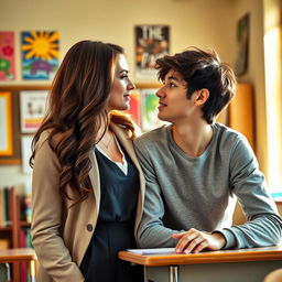 A romantic scene between a teacher and a student in a cozy classroom setting