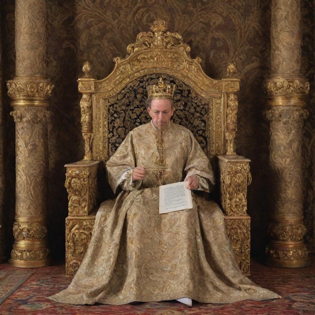 In a palatial throne room, a king is reading a sealed scroll, his face pale with shock. Luxurious tapestries and gold ornaments contrast sharply with the trembling hands of the monarch.