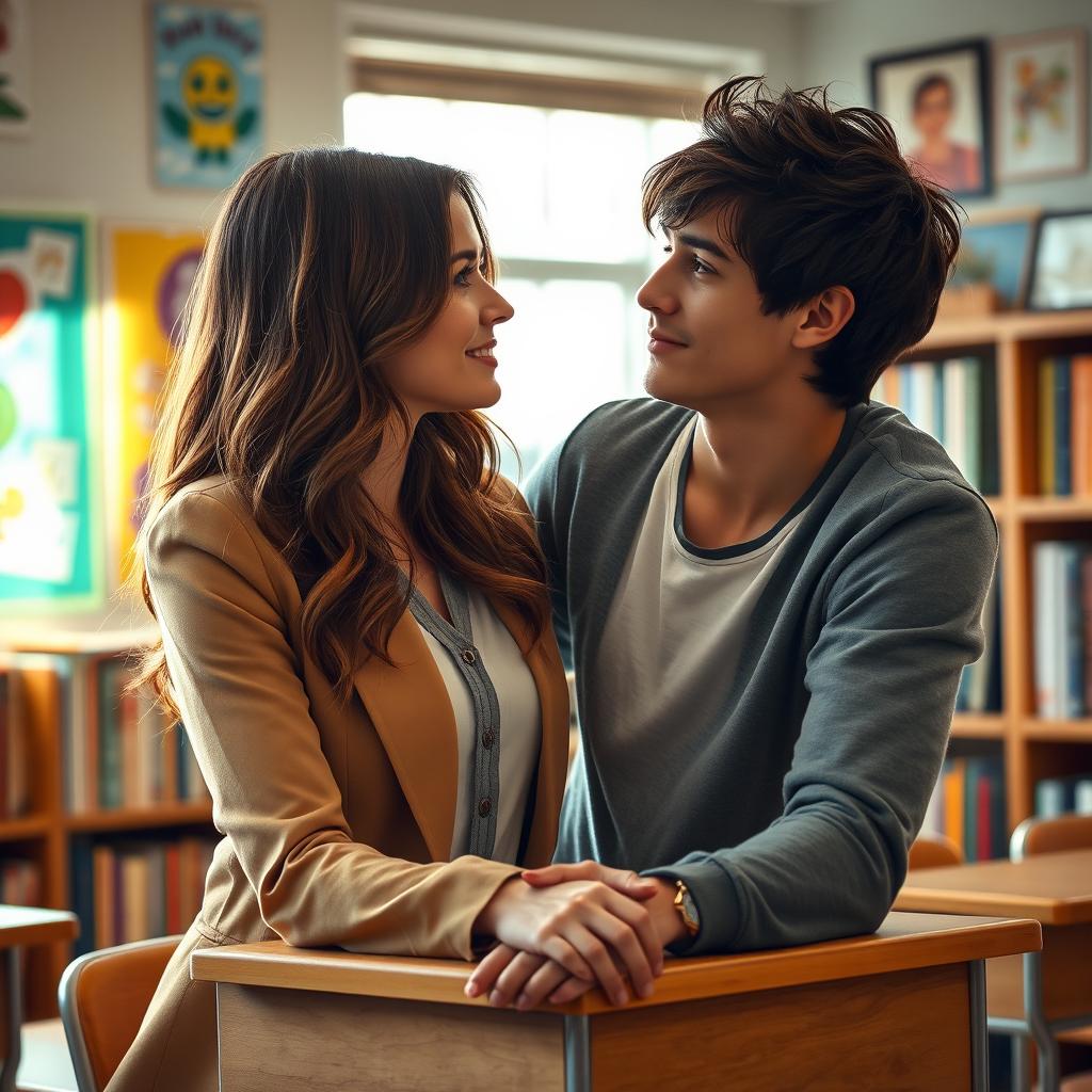 A romantic scene between a teacher and a student in a cozy classroom setting