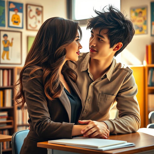 A romantic scene between a teacher and a student in a cozy classroom setting