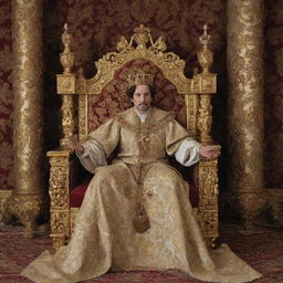 In a palatial throne room, a king is reading a sealed scroll, his face pale with shock. Luxurious tapestries and gold ornaments contrast sharply with the trembling hands of the monarch.