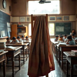 A dramatic scene set in a vintage classroom, featuring a traditional Indian saree hanging on a wooden chair