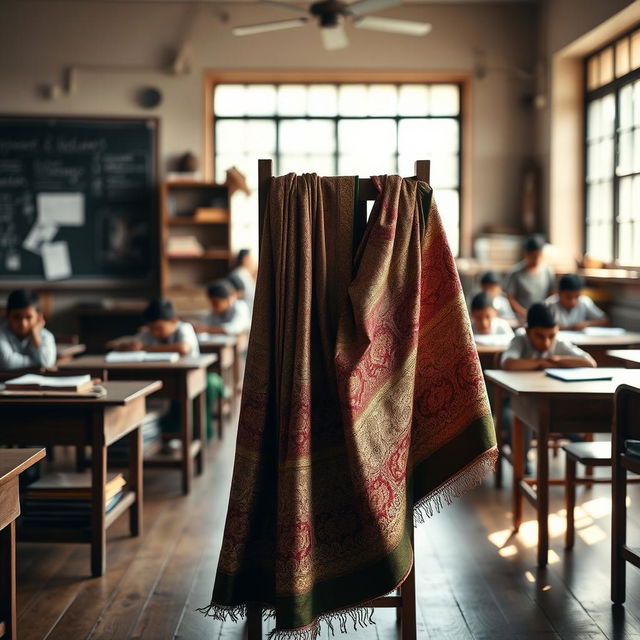 A dramatic scene set in a vintage classroom, featuring a traditional Indian saree hanging on a wooden chair