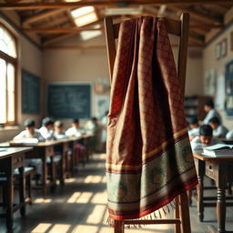 A dramatic scene set in a vintage classroom, featuring a traditional Indian saree hanging on a wooden chair