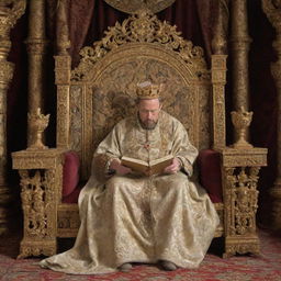 In a palatial throne room, a king is reading a sealed scroll, his face pale with shock. Luxurious tapestries and gold ornaments contrast sharply with the trembling hands of the monarch.